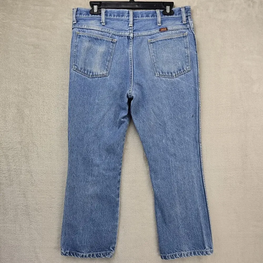 Vintage Rustler Jeans Mens Fits 32x26 Blue Faded Whiskers Denim Straight Leg USA